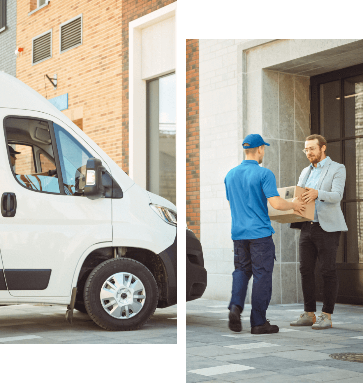 Delivery person handing package to recipient.