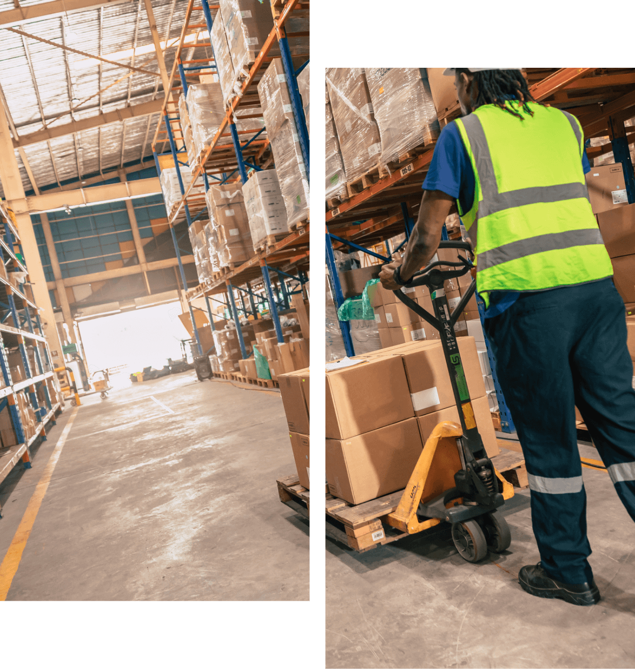 Worker moving boxes in a warehouse.