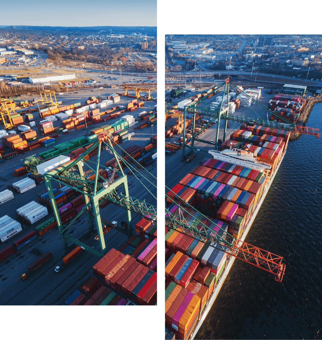 Aerial view of a busy shipping port.
